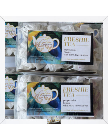 A cup of refreshing Freshie tea with saffron and herbs