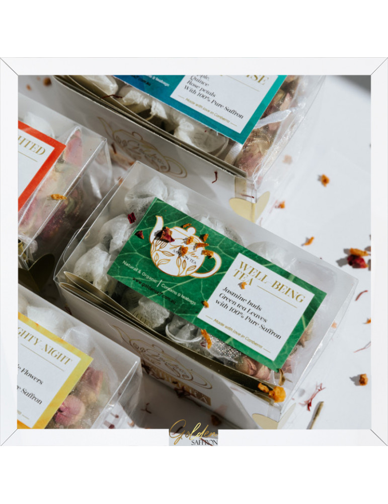 Cup of Well-being tea with Camellia leaves and saffron