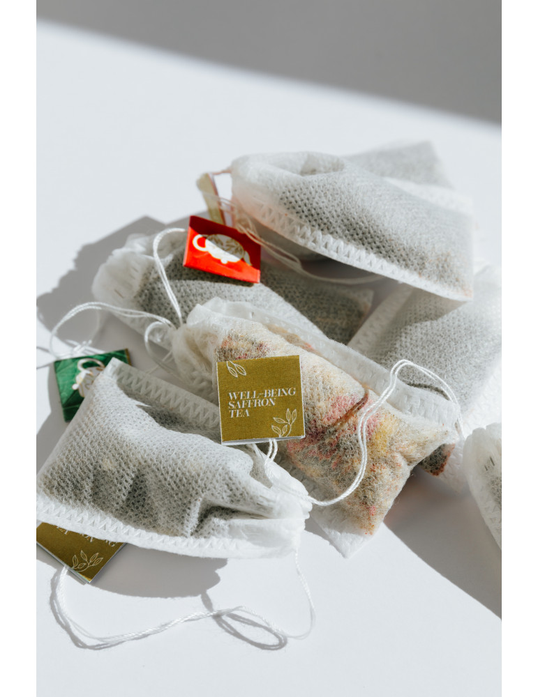 A cup of antioxidant-rich Freshie tea with saffron and organic herbs.